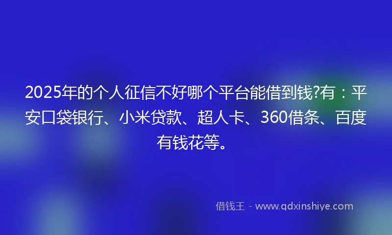 2025年的个人征信不好哪个平台能借到钱?有：平安口袋银行、小米贷款、超人卡、360借条、百度有钱花等。