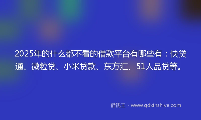 2025年的什么都不看的借款平台有哪些有：快贷通、微粒贷、小米贷款、东方汇、51人品贷等。