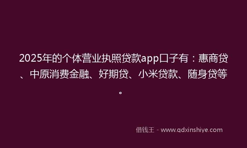 2025年的个体营业执照贷款app口子有:惠商贷、中原消费金融、好期贷、小米贷款、随身贷等。