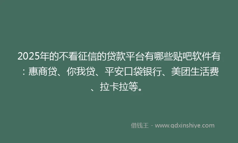 2025年的不看征信的贷款平台有哪些贴吧软件有：惠商贷、你我贷、平安口袋银行、美团生活费、拉卡拉等。