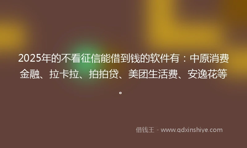 2025年的不看征信能借到钱的软件有：中原消费金融、拉卡拉、拍拍贷、美团生活费、安逸花等。