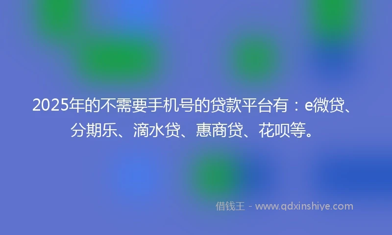 2025年的不需要手机号的贷款平台有：e微贷、分期乐、滴水贷、惠商贷、花呗等。