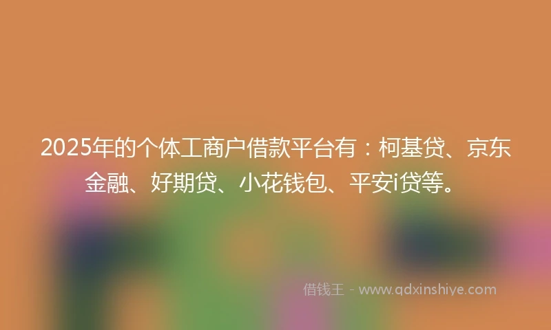 2025年的个体工商户借款平台有：柯基贷、京东金融、好期贷、小花钱包、平安i贷等。