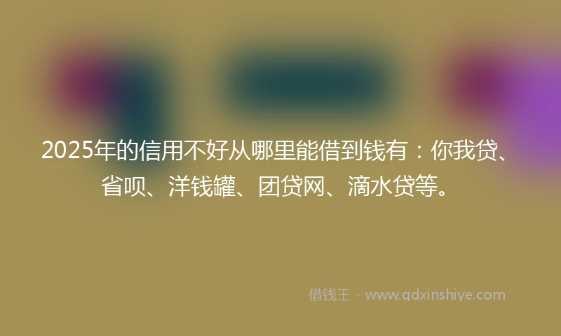 2025年的信用不好从哪里能借到钱有：你我贷、省呗、洋钱罐、团贷网、滴水贷等。