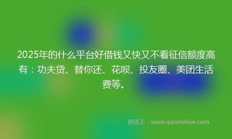 2025年的什么平台好借钱又快又不看征信额度高有：功夫贷、替你还、花呗、投友圈、美团生活费等。