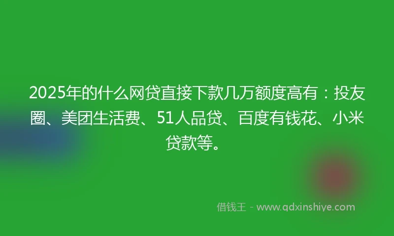 2025年的什么网贷直接下款几万额度高有：投友圈、美团生活费、51人品贷、百度有钱花、小米贷款等。