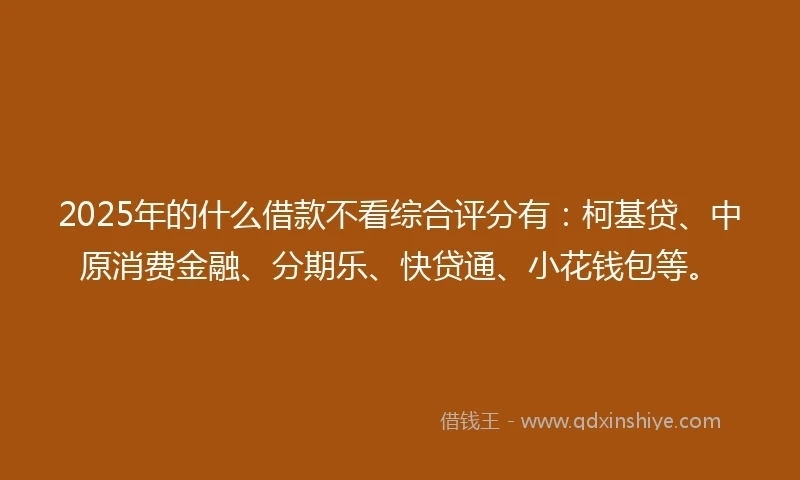 2025年的什么借款不看综合评分有：柯基贷、中原消费金融、分期乐、快贷通、小花钱包等。