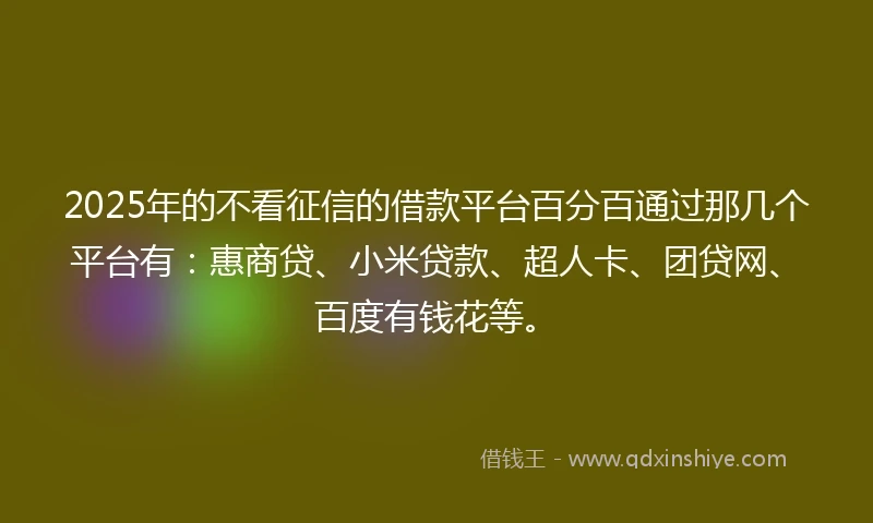 2025年的不看征信的借款平台百分百通过那几个平台有：惠商贷、小米贷款、超人卡、团贷网、百度有钱花等。