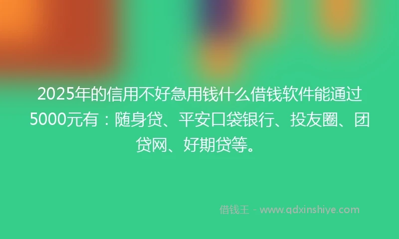 2025年的信用不好急用钱什么借钱软件能通过5000元有：随身贷、平安口袋银行、投友圈、团贷网、好期贷等。