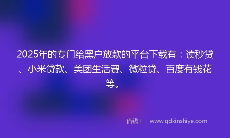 2025年的专门给黑户放款的平台下载有：读秒贷、小米贷款、美团生活费、微粒贷、百度有钱花等。