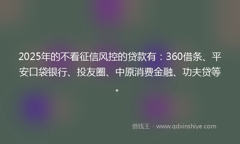 2025年的不看征信风控的贷款有：360借条、平安口袋银行、投友圈、中原消费金融、功夫贷等。