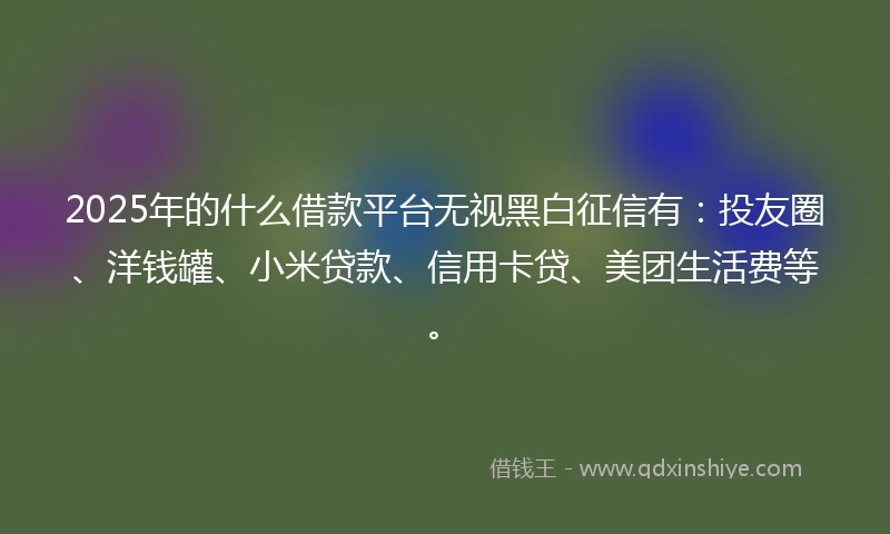 2025年的什么借款平台无视黑白征信有：投友圈、洋钱罐、小米贷款、信用卡贷、美团生活费等。