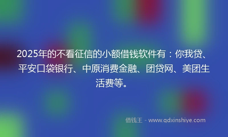 2025年的不看征信的小额借钱软件有：你我贷、平安口袋银行、中原消费金融、团贷网、美团生活费等。
