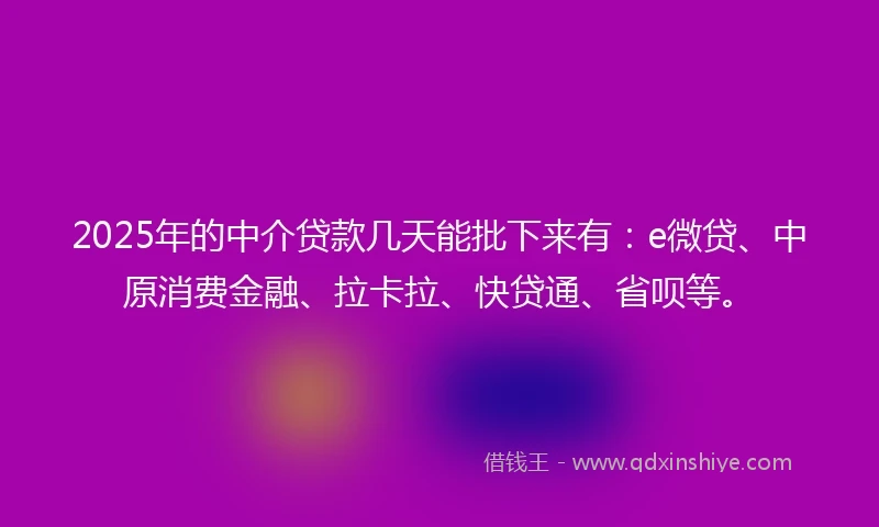 2025年的中介贷款几天能批下来有：e微贷、中原消费金融、拉卡拉、快贷通、省呗等。