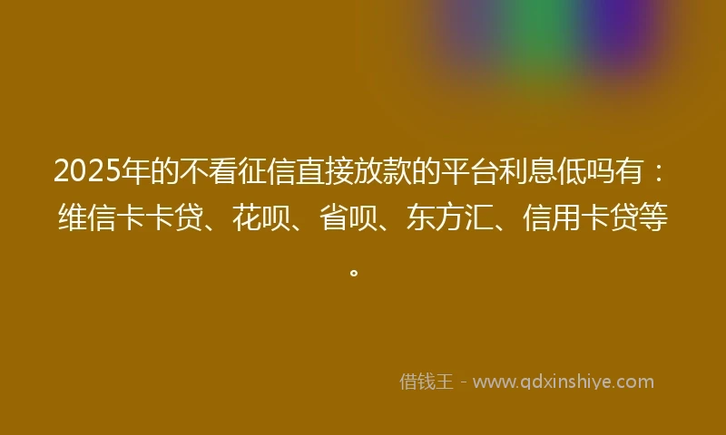 2025年的不看征信直接放款的平台利息低吗有：维信卡卡贷、花呗、省呗、东方汇、信用卡贷等。