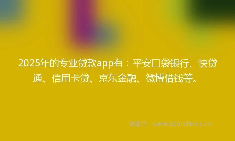 2025年的专业贷款app有：平安口袋银行、快贷通、信用卡贷、京东金融、微博借钱等。