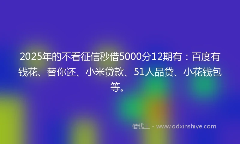 2025年的不看征信秒借5000分12期有：百度有钱花、替你还、小米贷款、51人品贷、小花钱包等。