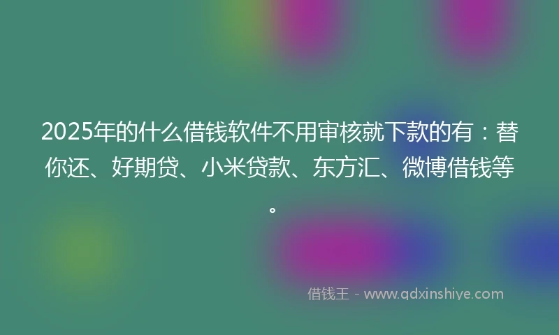 2025年的什么借钱软件不用审核就下款的有：替你还、好期贷、小米贷款、东方汇、微博借钱等。