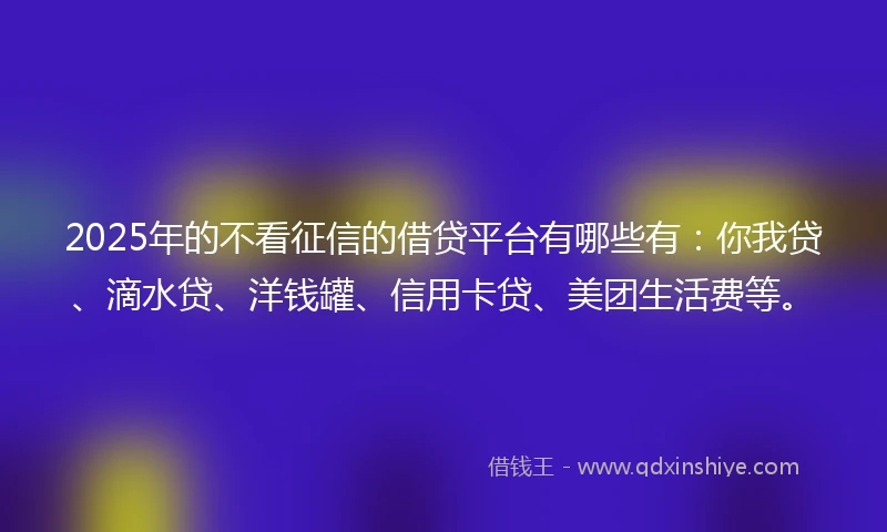 2025年的不看征信的借贷平台有哪些有：你我贷、滴水贷、洋钱罐、信用卡贷、美团生活费等。