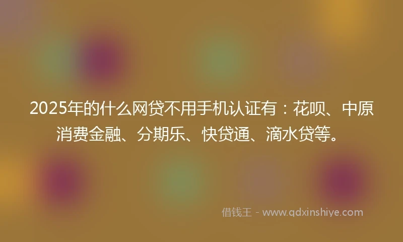 2025年的什么网贷不用手机认证有：花呗、中原消费金融、分期乐、快贷通、滴水贷等。