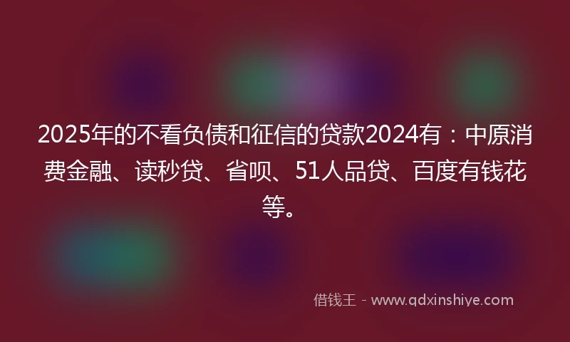2025年的不看负债和征信的贷款2024有：中原消费金融、读秒贷、省呗、51人品贷、百度有钱花等。