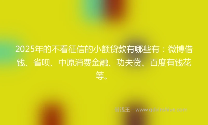 2025年的不看征信的小额贷款有哪些有：微博借钱、省呗、中原消费金融、功夫贷、百度有钱花等。