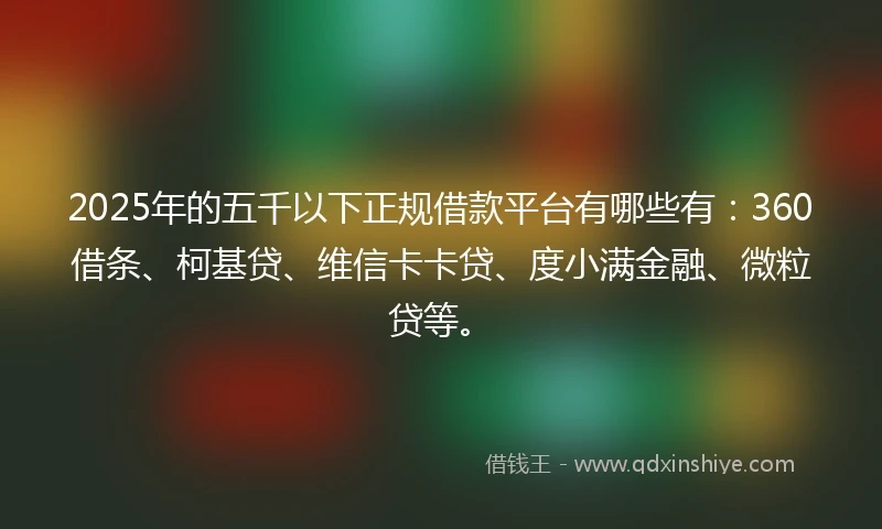 2025年的五千以下正规借款平台有哪些有：360借条、柯基贷、维信卡卡贷、度小满金融、微粒贷等。
