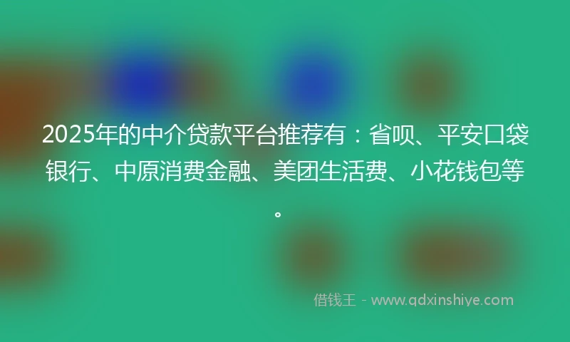 2025年的中介贷款平台推荐有：省呗、平安口袋银行、中原消费金融、美团生活费、小花钱包等。