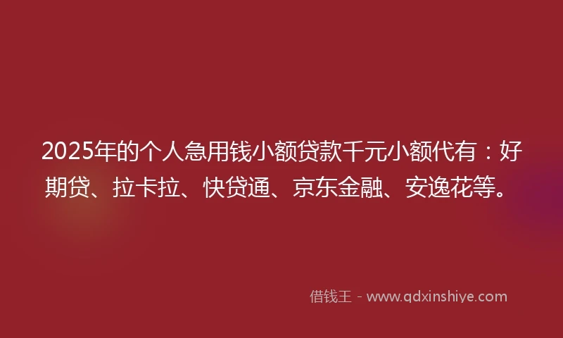2025年的个人急用钱小额贷款千元小额代有：好期贷、拉卡拉、快贷通、京东金融、安逸花等。
