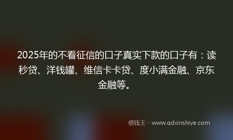 2025年的不看征信的口子真实下款的口子有：读秒贷、洋钱罐、维信卡卡贷、度小满金融、京东金融等。