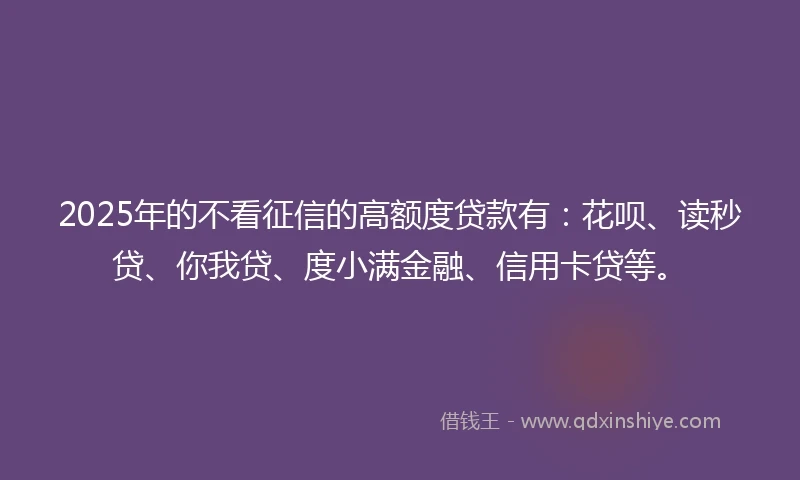 2025年的不看征信的高额度贷款有：花呗、读秒贷、你我贷、度小满金融、信用卡贷等。