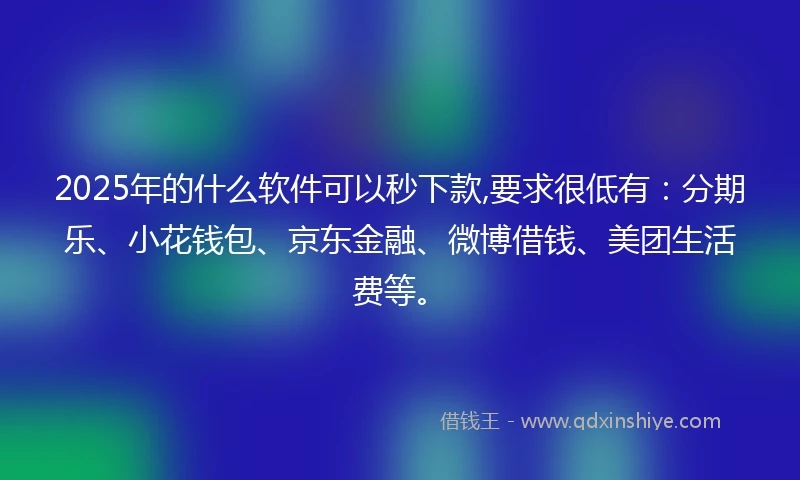 2025年的什么软件可以秒下款,要求很低有：分期乐、小花钱包、京东金融、微博借钱、美团生活费等。