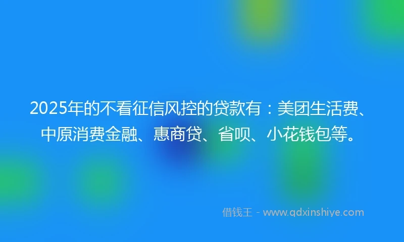 2025年的不看征信风控的贷款有：美团生活费、中原消费金融、惠商贷、省呗、小花钱包等。