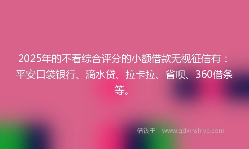 2025年的不看综合评分的小额借款无视征信有：平安口袋银行、滴水贷、拉卡拉、省呗、360借条等。