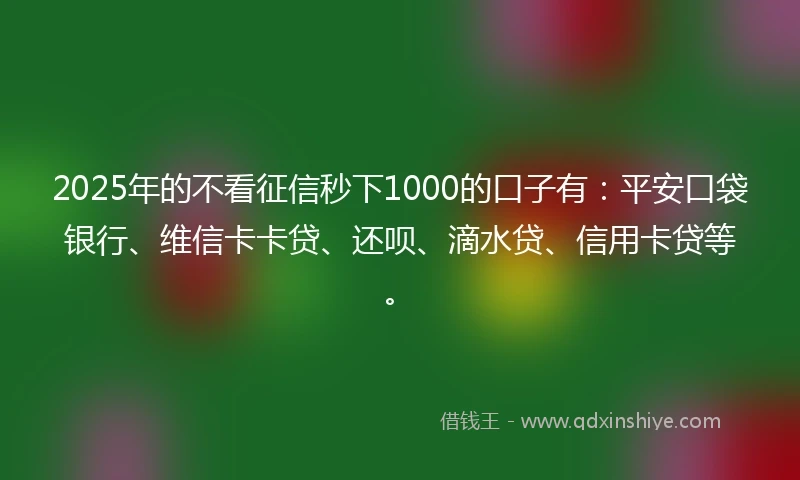 2025年的不看征信秒下1000的口子有：平安口袋银行、维信卡卡贷、还呗、滴水贷、信用卡贷等。