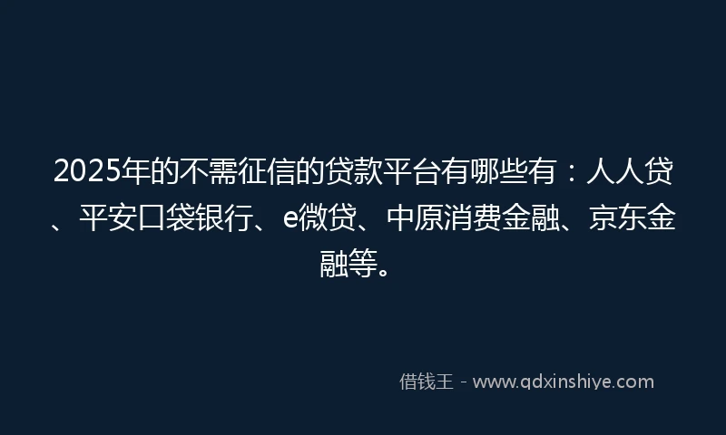 2025年的不需征信的贷款平台有哪些有：人人贷、平安口袋银行、e微贷、中原消费金融、京东金融等。