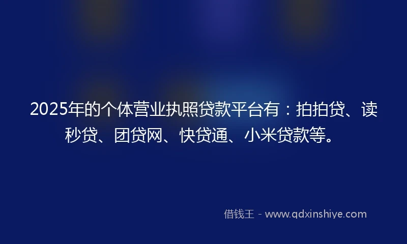 2025年的个体营业执照贷款平台有：拍拍贷、读秒贷、团贷网、快贷通、小米贷款等。