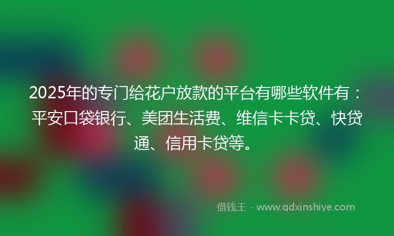 2025年的专门给花户放款的平台有哪些软件有：平安口袋银行、美团生活费、维信卡卡贷、快贷通、信用卡贷等。