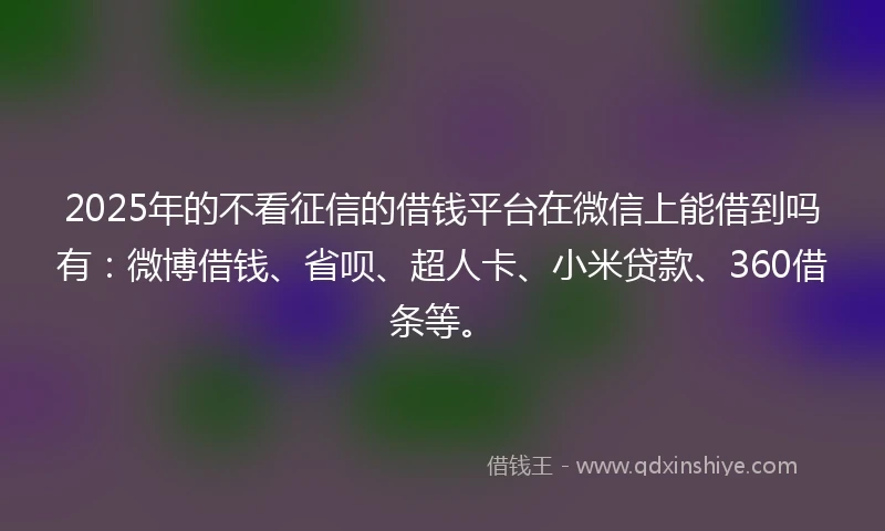 2025年的不看征信的借钱平台在微信上能借到吗有：微博借钱、省呗、超人卡、小米贷款、360借条等。