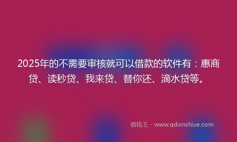 2025年的不需要审核就可以借款的软件有：惠商贷、读秒贷、我来贷、替你还、滴水贷等。