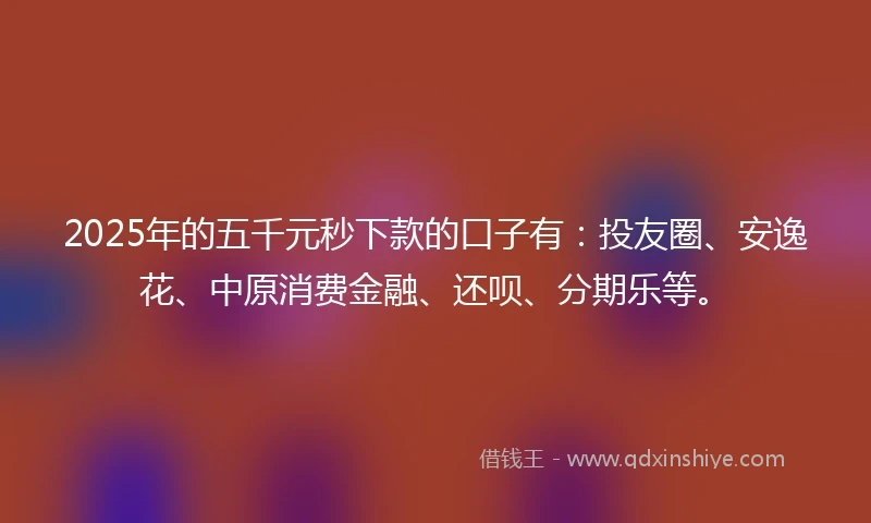 2025年的五千元秒下款的口子有：投友圈、安逸花、中原消费金融、还呗、分期乐等。