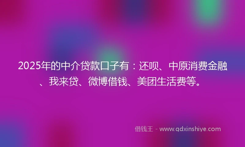 2025年的中介贷款口子有：还呗、中原消费金融、我来贷、微博借钱、美团生活费等。