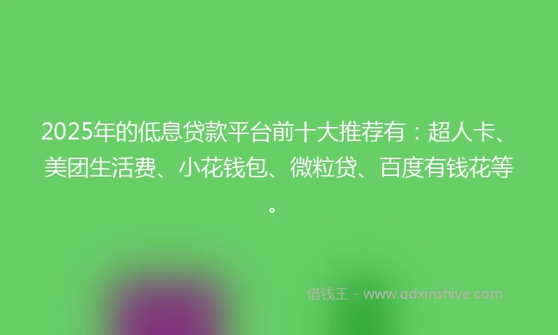 2025年的低息贷款平台前十大推荐有：超人卡、美团生活费、小花钱包、微粒贷、百度有钱花等。