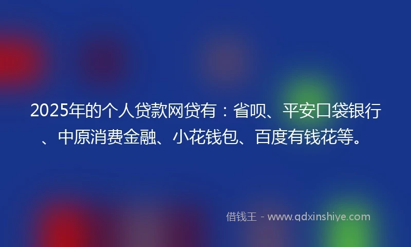 2025年的个人贷款网贷有：省呗、平安口袋银行、中原消费金融、小花钱包、百度有钱花等。