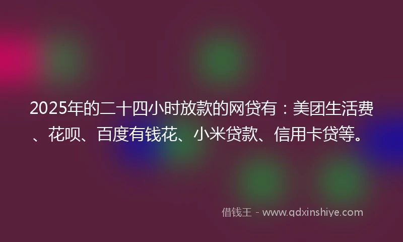 2025年的二十四小时放款的网贷有：美团生活费、花呗、百度有钱花、小米贷款、信用卡贷等。