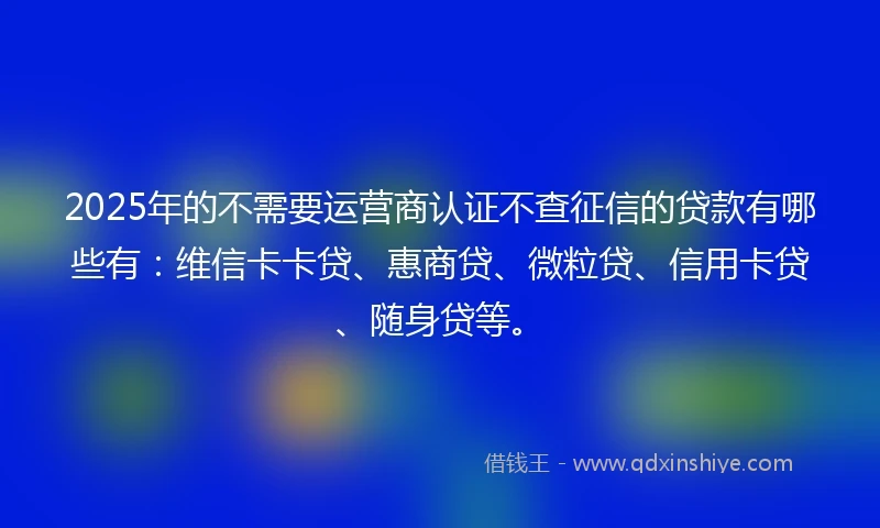 2025年的不需要运营商认证不查征信的贷款有哪些有：维信卡卡贷、惠商贷、微粒贷、信用卡贷、随身贷等。