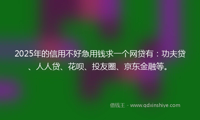 2025年的信用不好急用钱求一个网贷有：功夫贷、人人贷、花呗、投友圈、京东金融等。