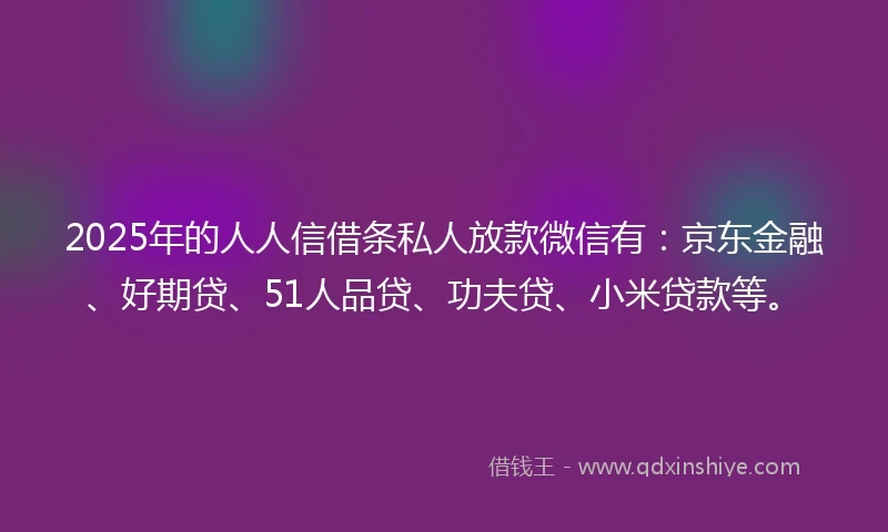 2025年的人人信借条私人放款微信有：京东金融、好期贷、51人品贷、功夫贷、小米贷款等。