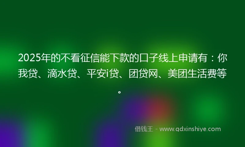 2025年的不看征信能下款的口子线上申请有:你我贷、滴水贷、平安i贷、团贷网、美团生活费等。