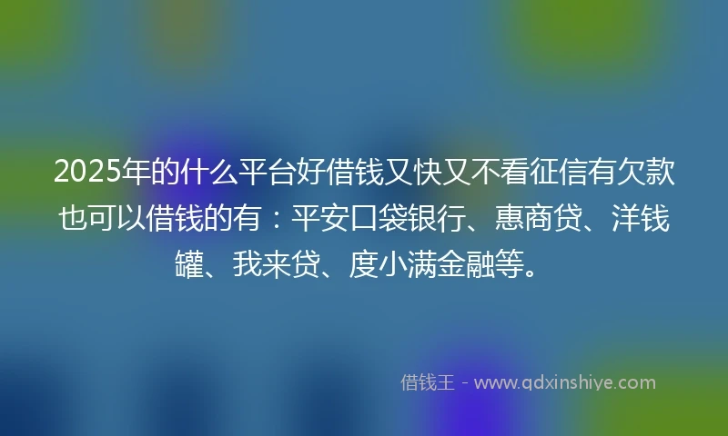 2025年的什么平台好借钱又快又不看征信有欠款也可以借钱的有：平安口袋银行、惠商贷、洋钱罐、我来贷、度小满金融等。